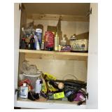 CONTENTS OF CABINET IN GARAGE , OILS, TRIMMER STRI