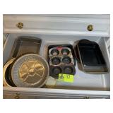 TWO DRAWERS OF ASSORTED PIE PLATES, MUFFIN TINS, E