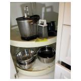 CONTENTS OF CORNER CABINET, FRY DADDY, MIXING BOWL