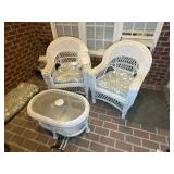 WHITE WICKER PATIO FURNITURE, 2 CHAIRS AND GLASS T
