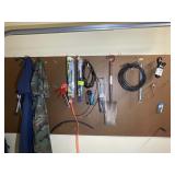 CONTENTS ON PEG BOARD IN GARAGE, COVERALLS, WINDSH
