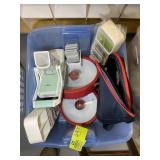 TOTE WITH KITCHEN RELATED ITEMS, POTS, SLICER, ETC