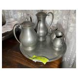 PEWTER TEA SET, CREAM AND SUGAR, TRAY
