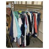 LARGE GROUP OF WOMENS HANGING CLOTHES AND RACK, 20
