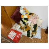 GROUP INCLUDING AFGHAN, PILLOWS, STUFFED ANIMALS