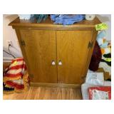 TWO DOOR WOODEN STORAGE CABINET, NO CONTENTS. 32.5