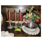 PEWTER CANDLE HOLDERS AND CENTER PIECE BOWL AND PI