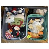 TWO TOTES OF ASSORTED STUFFED SNOWMEN, PUMPKINS, E