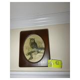 PAIR OF WOODEN FRAMED OWL PRINTS BY E RAMBO, 10 IN