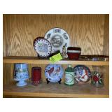 TWO SHELVES WITH ASSORTED DECORATIVE PLATES AND CA