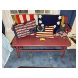 WOODEN BENCH WITH PATRIOTIC THEMED ITEMS, BLANKET,