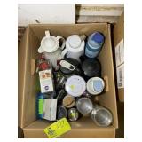 BOX WITH ASSORTED WATER PITCHERS, AND WATER BOTTLE