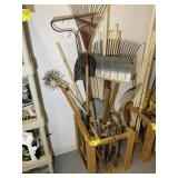YARD TOOL RACK WITH ASSORTED TOOLS, RAKE, SHOVEL,