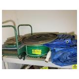 TOP SHELF INCLUDING HOSES, TARPS, GARDENING ITEMS