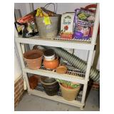 THREE SHELVES OF ASSORTED PLANTING POTS AND PLANT