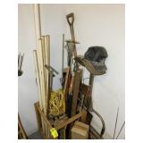 YARD TOOL RACK WITH ASSORTED TOOLS, RAKE, SHOVEL,