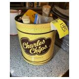 METAL TIN WITH ASSORTED HAND TOOLS, FLASHLIGHTS, E