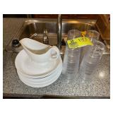 GROUP OF MISC PLATES, BOWLS, PLASTIC CUPS