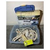 TOTE WITH MISC EXTENSION CORDS, POWER STRIPS, BATT