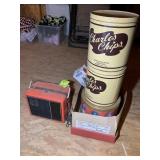 JC PENNY AM FM 8 TRACK RADIO AND POTATO CHIP TINS