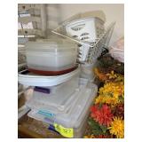 GROUP OF MISC STORAGE CONTAINERS AND BASKETS