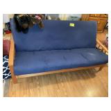 WOOD FRAMED FUTON WITH NAVY COLORED MATTRESS, NEED