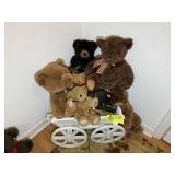 GROUP OF STUFFED BEARS AND WOODEN WAGON
