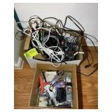 BOX WITH MISC CORDS, ADAPTORS, AND BOX WITH OFFICE