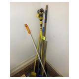 GROUP OF BROOMS MOPS AND SHOVELS