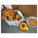 GROUP OF ARTIFICIAL FALL FLOWERS AND PUMPKINS