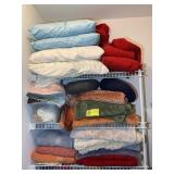 TOP THREE SHELVES OF LINENS, TOWELS, BATH MATS/RUG
