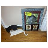 GROUP INCLUDING FRAMED OUTHOUSE PRINT, CAT FIGURIN
