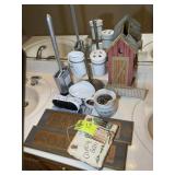 GROUP OF DECORATIVE  ITEMS AND BATHROOM ORGANIZER