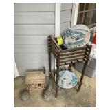 PLANT STAND AND BIRD FIGURINES, BIRD HOUSE