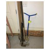 GROUP OF YARD TOOLS, POST HOLE DIGGER, RAKE, ETC