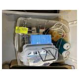 TOTE WITH ASSORTED WATER BOTTLES, BOTTLE RACK, ETC