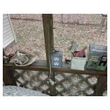 ITEMS ON RAIL OF PORCH, SQUIRREL FIGURINES WIND CH