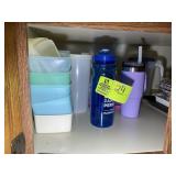 GROUP OF PLASTIC STORAGE CONTAINERS AND WATER BOTT