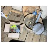 BUCKET WITH CAMPING COOK KIT, MARBLES, ETC