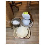 A GROUP INCLUDING ENAMEL COATED PAN, BOWL, PITCHER