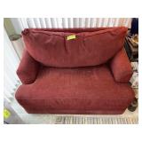 A RED UPHOLSTERED LAZ BOY PULL OUT SOFA BED, APPRO