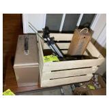 A GROUP INCLUDING WOODEN CRATE, WINE BOX WITH LIGH