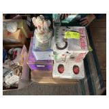 GROUP OF CHRISTMAS DECORATIONS, TEA KETTLE, MUGS,