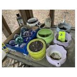 GROUP OF FLOWER POTS, GLASS WATERING BULBS