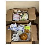 TWO BOXES OF ASSORTED DECORATIVE TEA POTS, CAKE AN