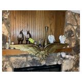 CONTENTS ON MANTLE; INCLUDING BRASS COLORED VASE D