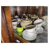 CONTENTS OF TOP LEFT SHELF CHINA CABINET; TEAPOTS,