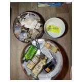 TINS WITH VINTAGE BUTTONS AND VINTAGE BATH ITEMS