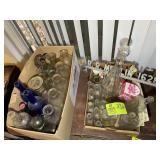 A BOX OF MISC BOTTLES, MILK BOTTLES, AND DECANTERS