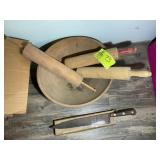 GROUP INCLUDING WOODEN ROLLING PINS, WOODEN BOWL,